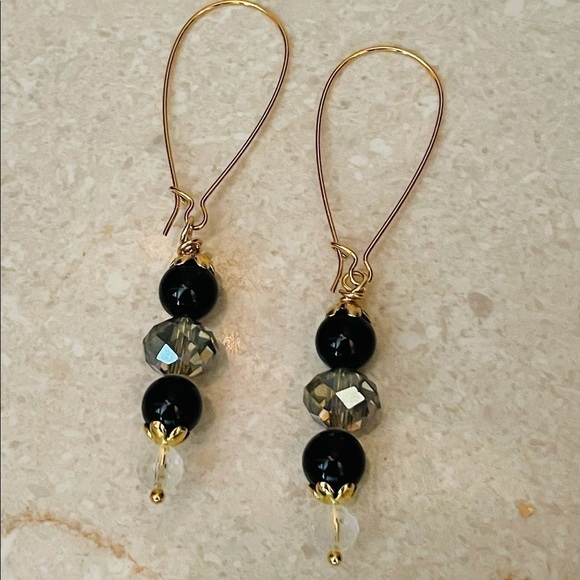 𝅺22KT Gold over Sterling Silver Earrings Genuine Black Onyx Crystal Modern Chic - Picture 2 of 6